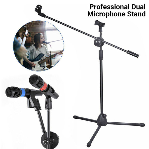 Professional Dual Microphone Stand Telescopic Boom Adjustable Mic Holder Tripod