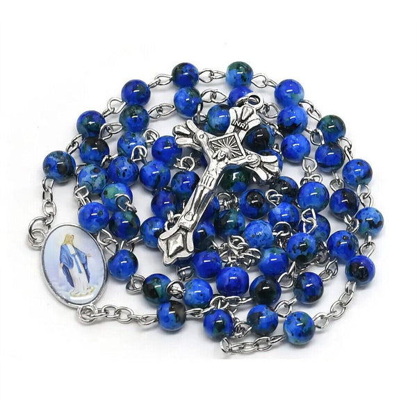 Rosary Beads Bead Blue Glass Necklace Crucifix Catholic Jesus Mary Catholic