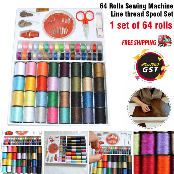 64Rolls Sewing Machine Line thread Spool Set Bobbin Cotton Reel Needle Tape Kit