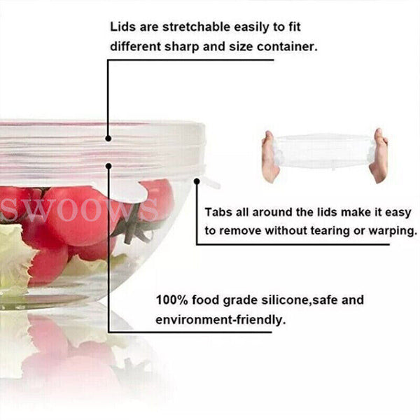 6-12PCS Stretch Reusable Silicone Bowl Wraps Food Saver Cover Seal Lids