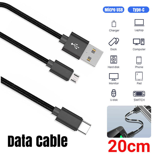 1/2x 20CM Short Braided Micro USB Cable Fast Sync Charging Data Transfer Cable