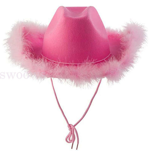 Vintage Fluffy Feather Brim Cowboy Hat Pink Cowgirl Hat for Festival Parade 1/2x