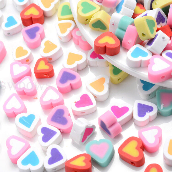 MULTI Heart Beads Pony Polymer Clay 10mm 100pc Fun Mix DIY Jewellery Spacer FREE