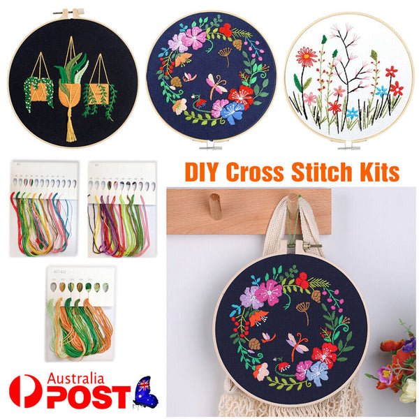 DIY Flowers Pattern Embroidery Kits Craft Beginner Needlepoint Hoop Cross Stitch