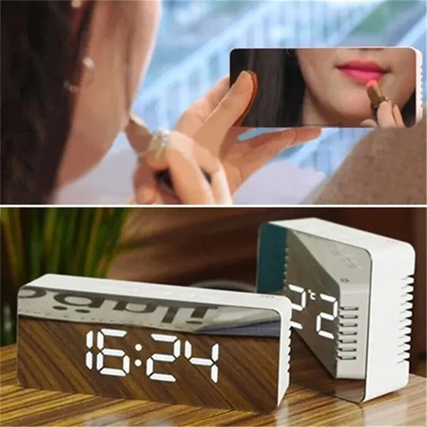 Alarm Clock Digital Led Mirror Desk Table Temperature Time Snooze USB Battery