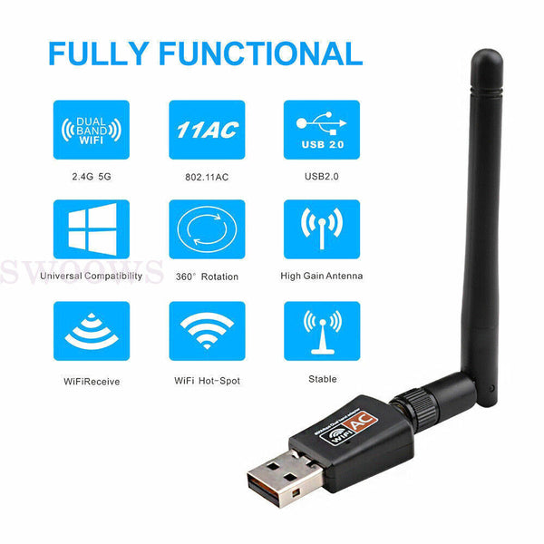 600Mbps USB WiFi Adapter Wireless Dongle Dual Band 2.4GHz/5GHz For PC Laptop