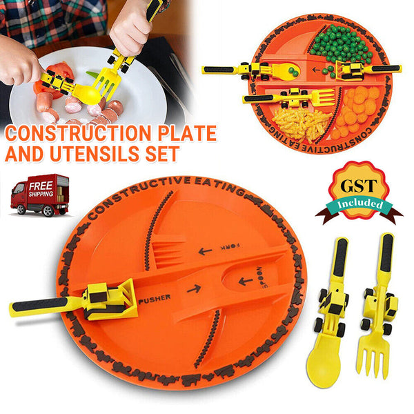 Constructive Eating - Construction Themed Set - Plate, Heavy Equipment Utensils