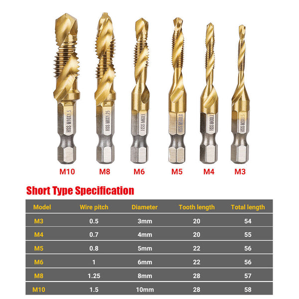 6/12x HSS Hex Shank Tap Drill Bits Metric Thread Screw Compound Tapping Set Tool