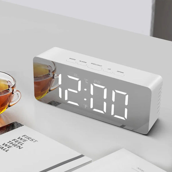 Alarm Clock Digital Led Mirror Desk Table Temperature Time Snooze USB Battery