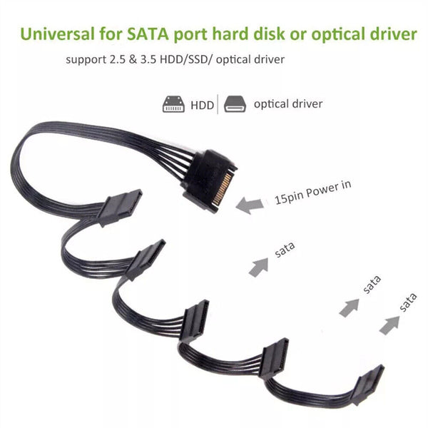 1/2X 15 Pin SATA Power Cable Adapter Extension 1 Male to 5 Female for HDD SSD PC