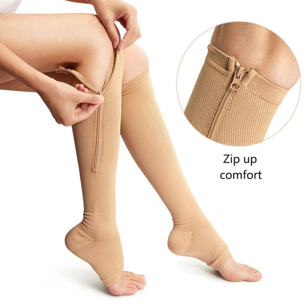 Zip Sox Compression Socks Zipper Leg Support Knee Open Toe Shaper Stockings New