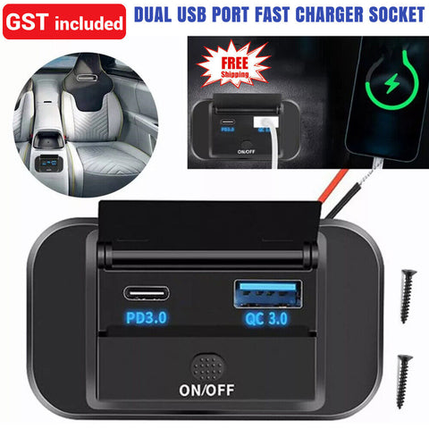 Dual PD USB Port Fast Charger Socket Power Outlet Panel Car RV Caravan 12V/24V