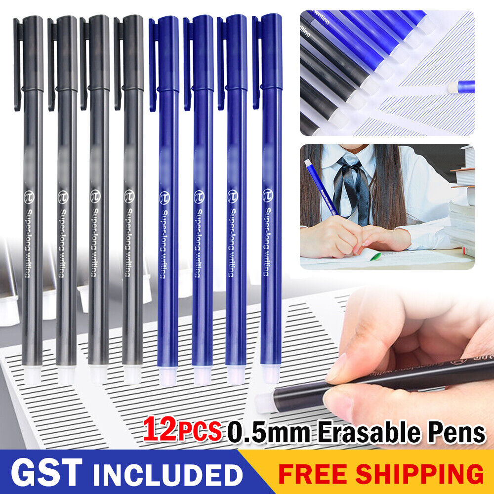 12Pcs 0.5mm Erasable Pen Black / Blue Gel Ink Roller Ball Pens Set School Kids