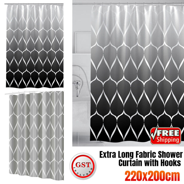 220x200cm Extra Long Fabric Shower Curtain with 12 Hooks Waterproof Weighted Hem