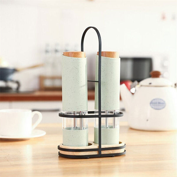 2PCS Adjustable Electric Salt & Pepper Grinder Mills Shakers Set With Holder Au