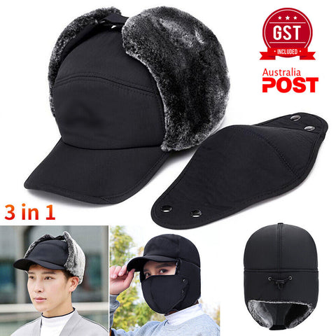 Winter 3 in 1 Thermal Fur Lined Trapper Bomber Hat with Ear Flap Face Mask Cap