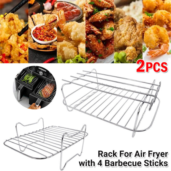 2Pcs Air Fryer Rack with 4 Barbecue Sticks for Double Basket Grill Accessories