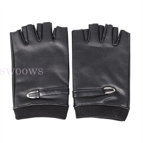 Mens Motorcycle Fingerless Leather Half Finger Driving Biker Black Gloves