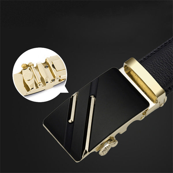 Fashion Mens Genuine Leather Ratchet Belt Automatic Buckle Waistband Waist Strap