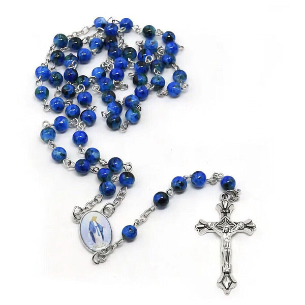 Rosary Beads Bead Blue Glass Necklace Crucifix Catholic Jesus Mary Catholic