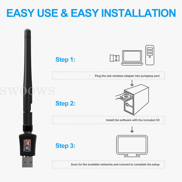 600Mbps USB WiFi Adapter Wireless Dongle Dual Band 2.4GHz/5GHz For PC Laptop