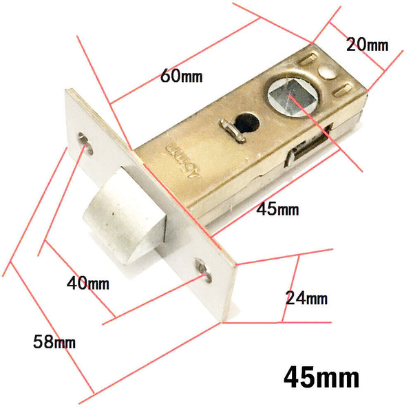 30-45mm Flat Fork Mortice Door Tubular Latch Internal Bolt Facility Sprung Catch