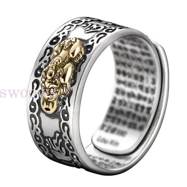 NEW Feng Shui Pixiu Mani Mantra Protection Wealth Quality Lucky Adjustable Ring