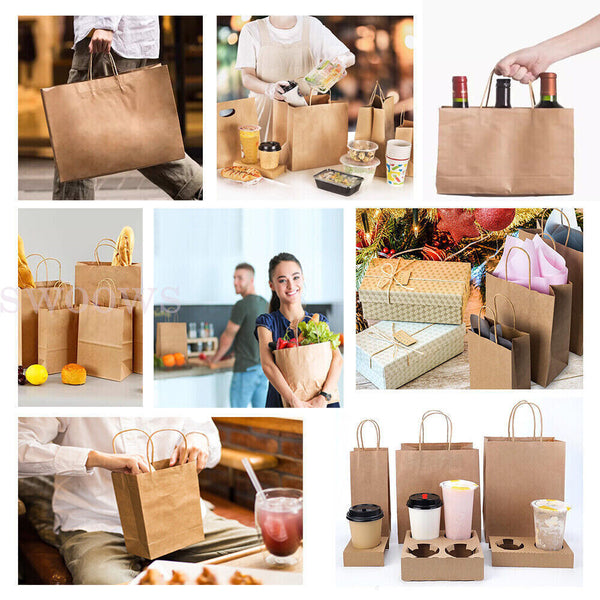 10/50PCS Bulk Kraft Paper Bags Gift Shopping Carry Craft Brown Bag with Handles