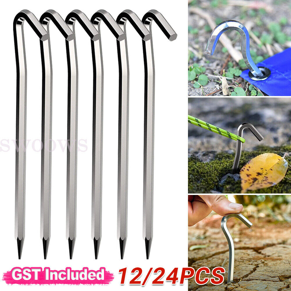 12/24 Aluminum Tent Pegs Hook Outdoor Camping Trip Ground Durable Nail Stakes