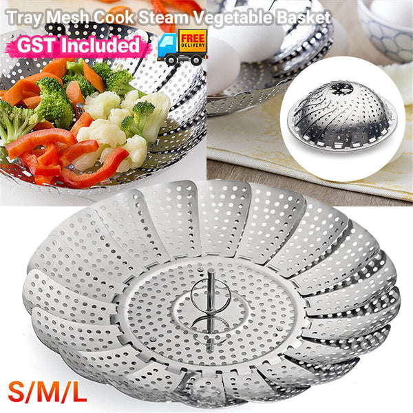 Up 2X Tray Mesh Cook Steam Vegetable Basket Stainless Steel Folding Steamer 23CM