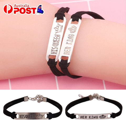 Couple Friend Bracelet 2 Pcs Leather Stainless Steel Her King His Queen Bracelet