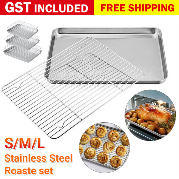 Baking Tray Set Stainless Steel Roaste Oven Sheet Pan Cooling Rack BBQ Plate AU