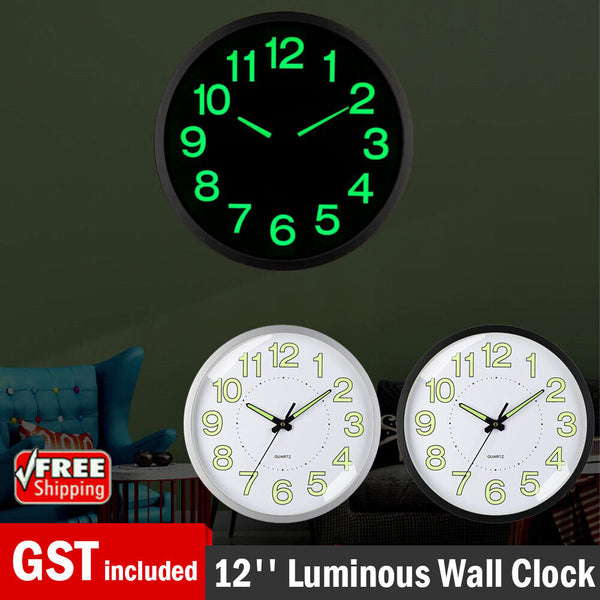 12'' Luminous Wall Clock Glow In The Dark Silent Quartz Indoor Home Modern Clock