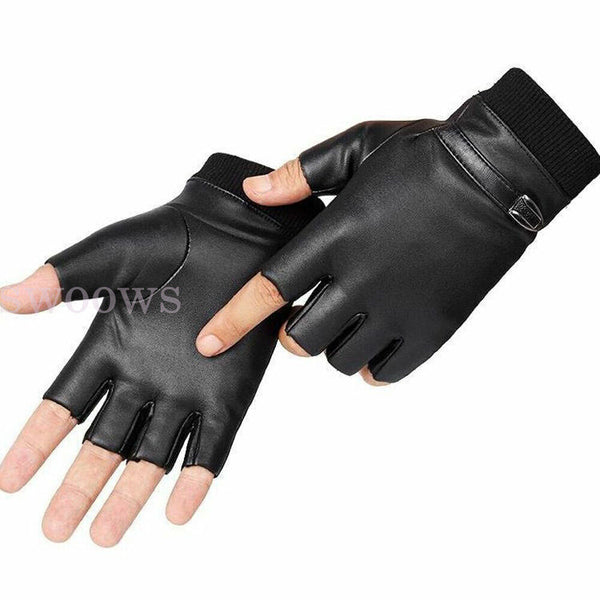 Mens Motorcycle Fingerless Leather Half Finger Driving Biker Black Gloves