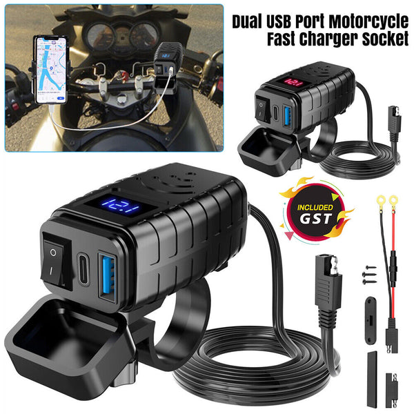 Dual USB Port Motorcycle Fast Charger Socket LED Voltmeter  ON OFF Switch Red
