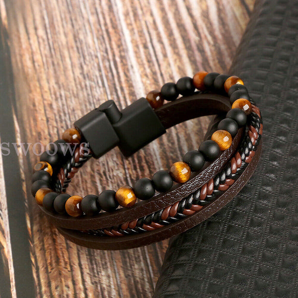 Mens Leather Braided Surfer Wristband Bracelet Tiger Eyes Beaded Bangle Gift