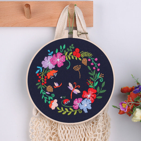 DIY Flowers Pattern Embroidery Kits Craft Beginner Needlepoint Hoop Cross Stitch