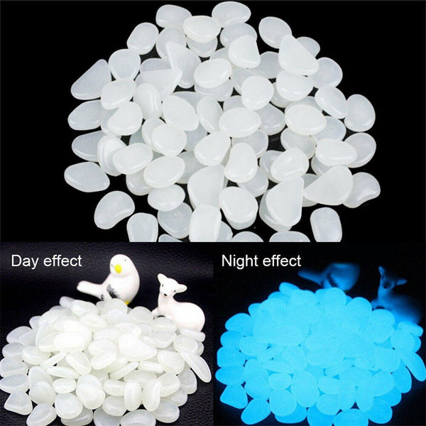 100X White Glow in the Dark Pebbles Stone Rock Fish Tank Stones Garden Road Deco