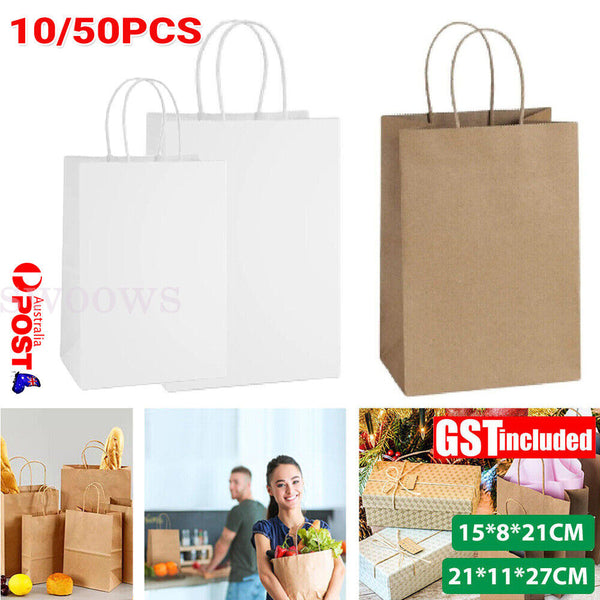 10/50PCS Bulk Kraft Paper Bags Gift Shopping Carry Craft Brown Bag with Handles