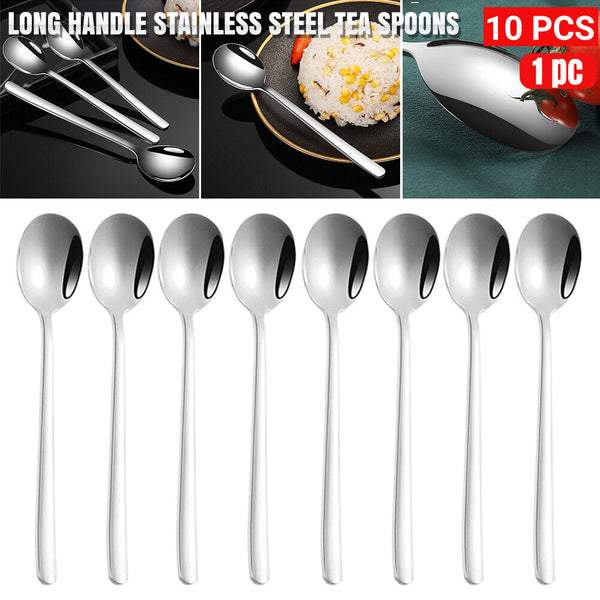 UP 10PC Long Handled Stainless Steel Coffee Spoon Cold Drink Ice Cream Tea Spoon