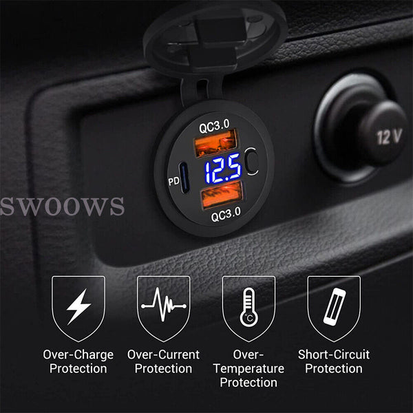 PD Type C Dual USB Car Charger QC 3.0 Charger 12V 24V Power Outlet Socket