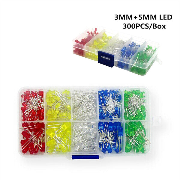 300Pcs 3V 3mm 5mm Light Emitting Diode LED Lamp Assorted Kit Red White Green AU