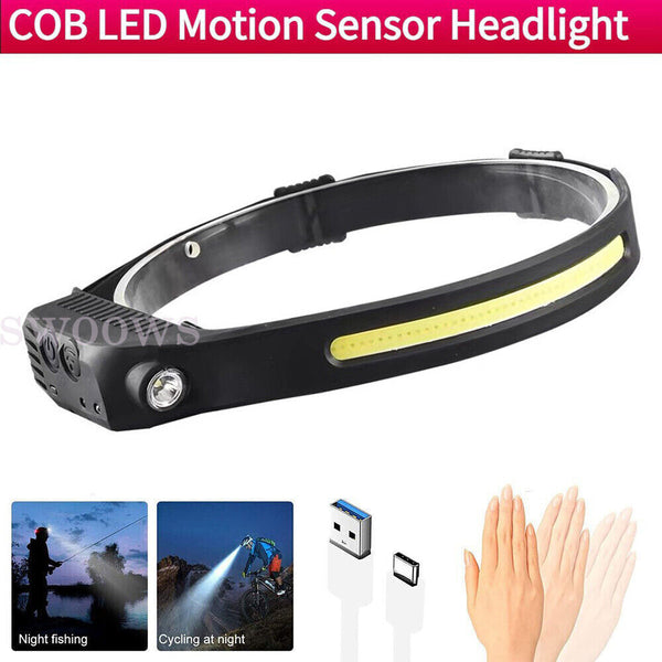 Waterproof COB LED Headlamp Motion Sensor Head Torch USB Rechargeable Headlight