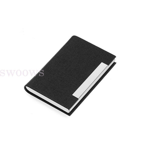 Business Card Holder Case Cover Black Leather Silver Metal Credit Card Magnetic