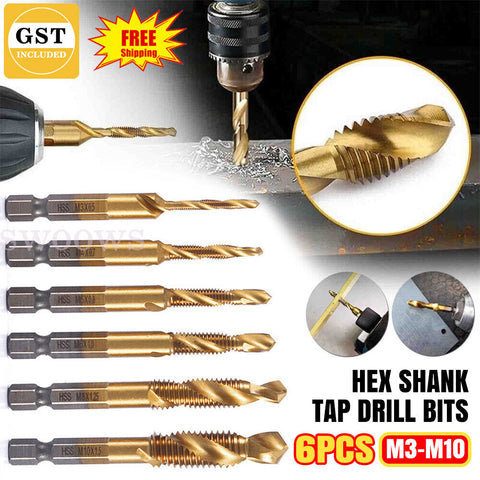 6pc X HSS Hex Shank Tap Drill Bits Metric Thread Screw Compound Tapping Set Tool