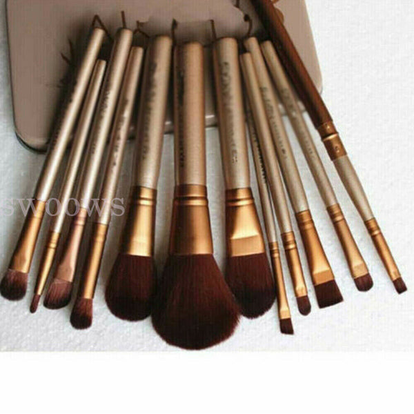 PROFESSIONAL Makeup Brush Set Cosmetic Complete Tools Powder Golden + Case 12PCs