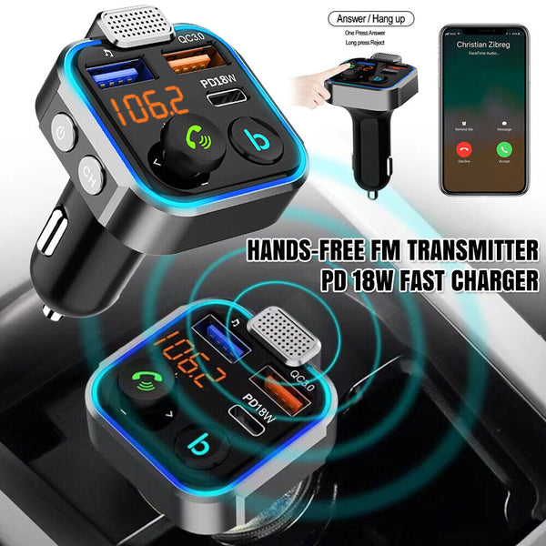 Wireless Bluetooth 5.0 Handsfree FM Transmitter PD 18W Fast Charger Car Adapter