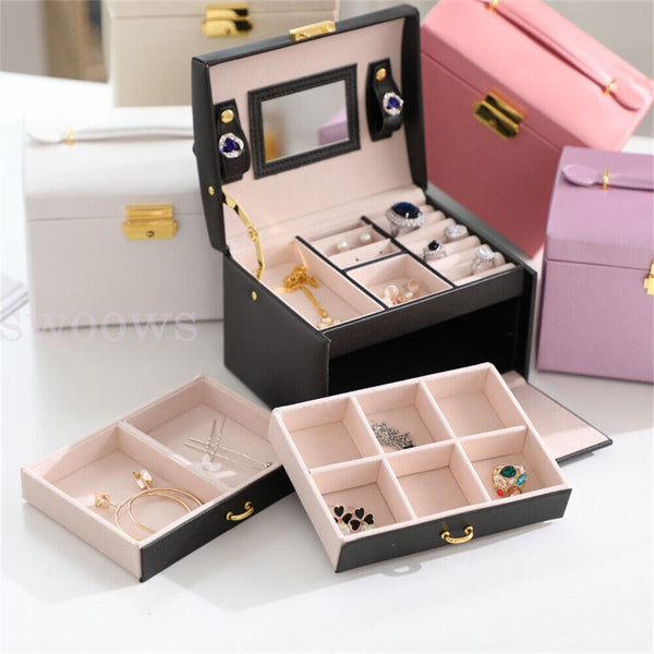 Jewellery Box Organizer Case Holder Storage Earring Ring Jewelry Display Leather