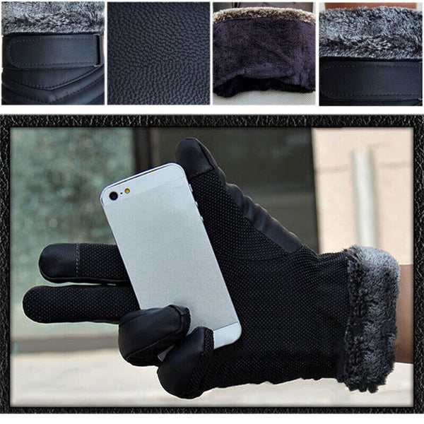 1/2 Winter Warm PU Leather Wool Wrist Gloves Touch Screen Full Finger Fur Mitten