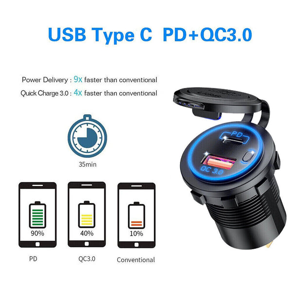 PD Type C USB Car Charger and QC 3.0 Charger 12V Power Outlet Socket ON/Off DF